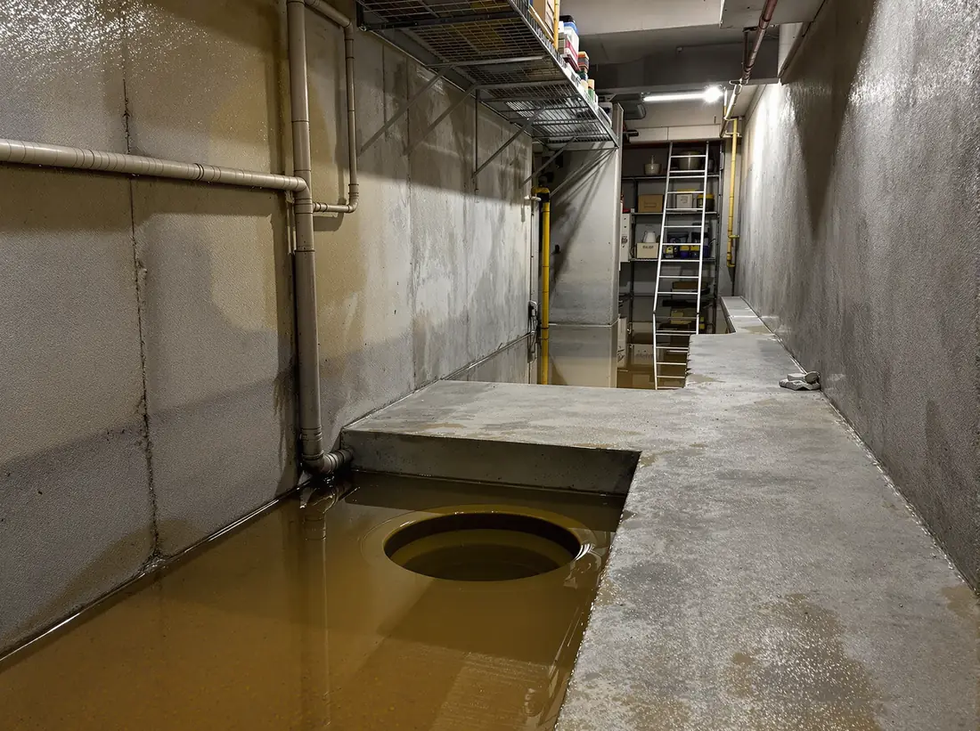 Kellerboden mit Wasser rund um einen Ablauf