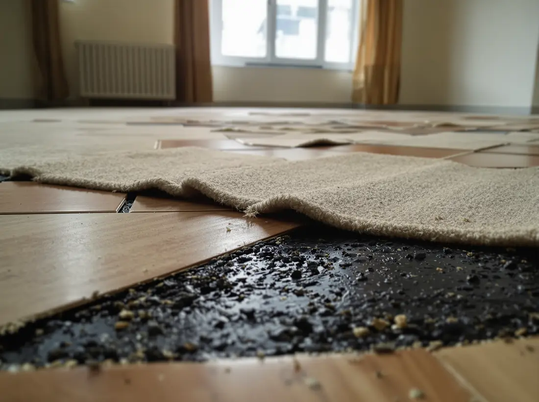 Alte quadratische Vinylfliesen auf dem Boden eines Flurs