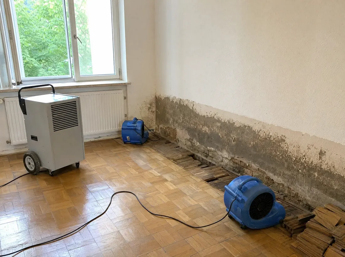 Trocknungsgeräte vor einer durchfeuchteten Wand